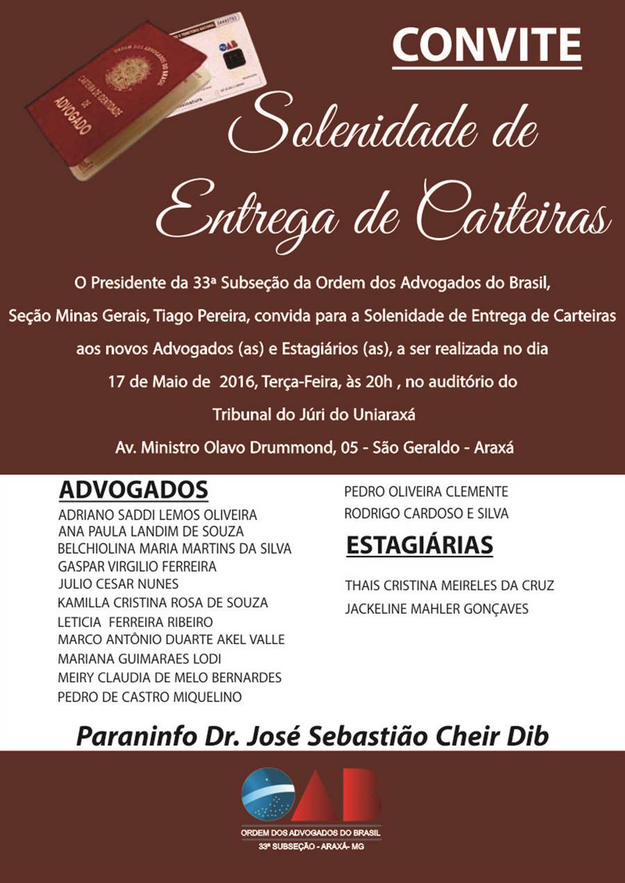 Convite: Solenidade de entrega de carteiras.