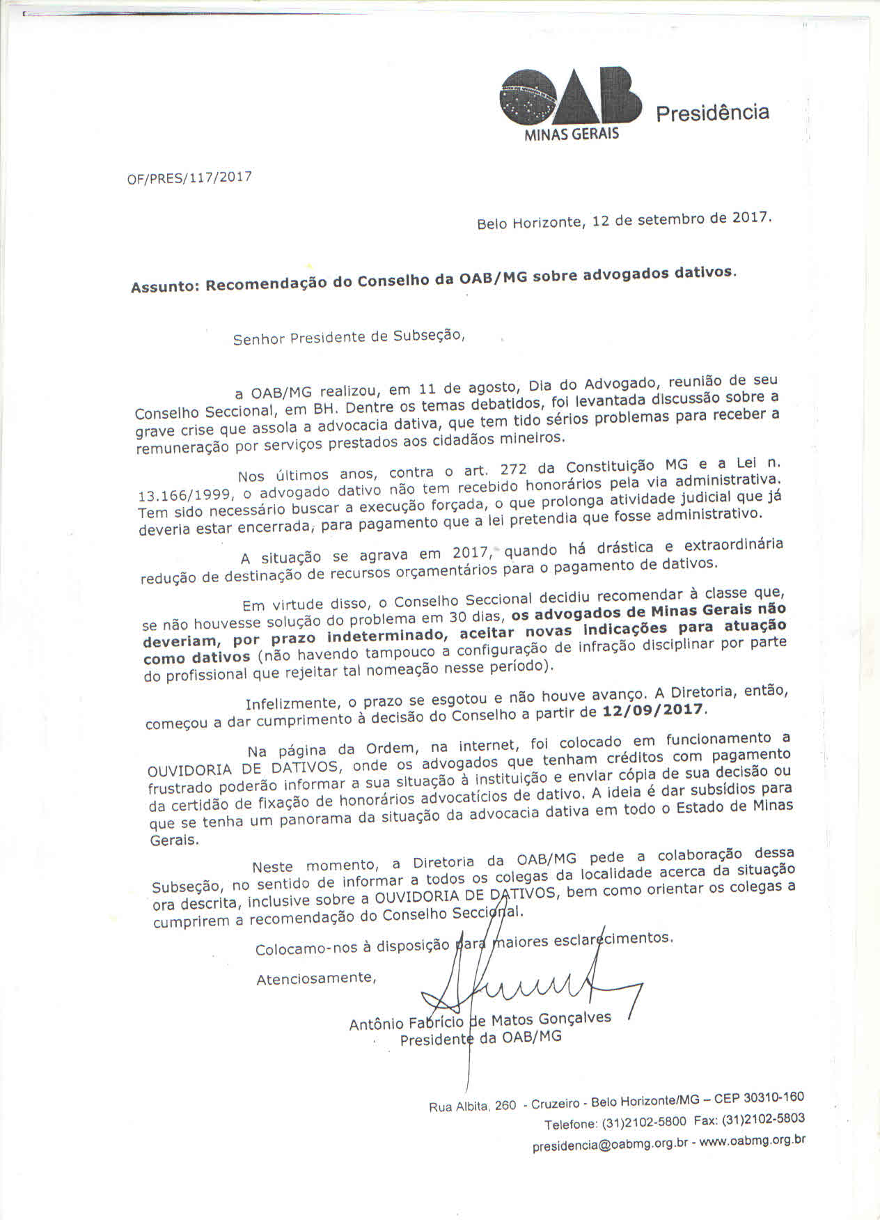 RECOMENDAÇÃO DA OAB/MG AOS ADVOGADOS DATIVOS