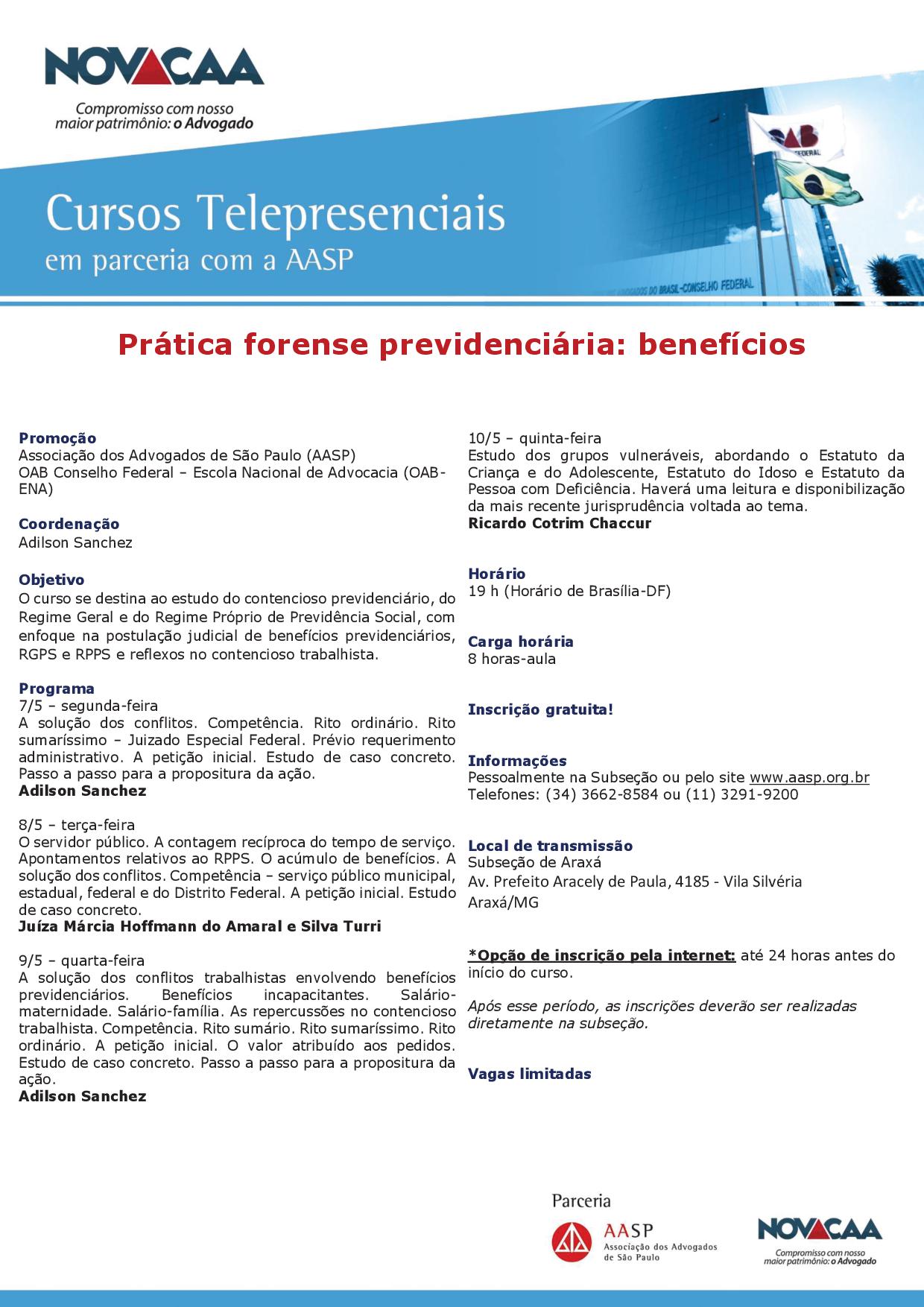 CURSO TELEPRESENCIAL OAB ARAXÁ MG -AASP - 