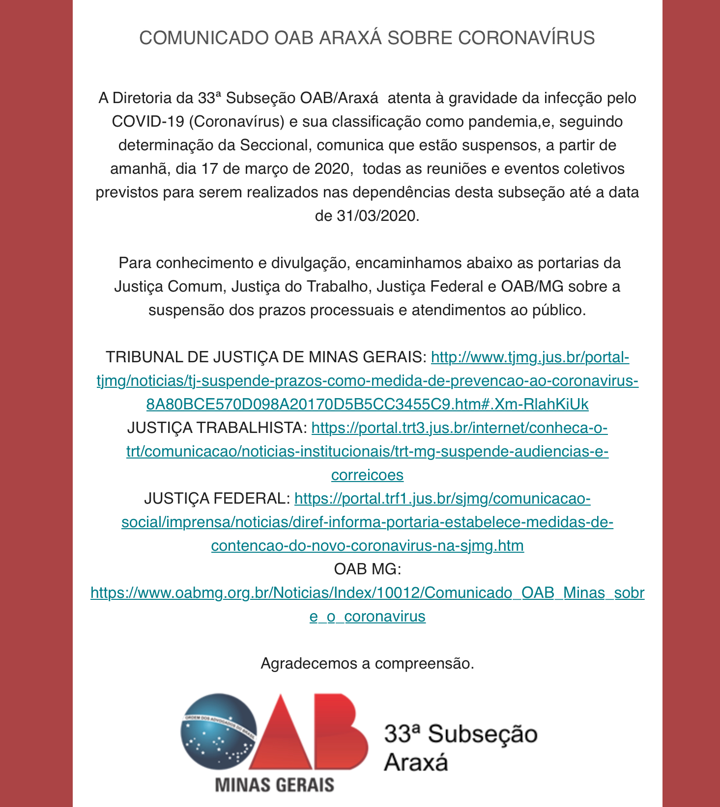 COMUNICADO OAB ARAXÁ SOBRE CORONAVÍRUS 