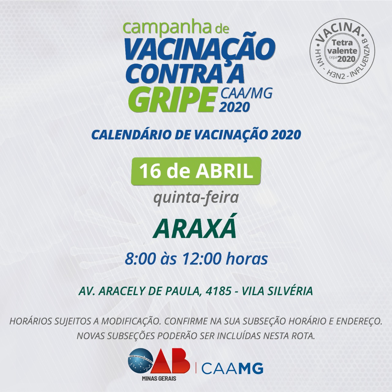 CAMPANHA DE VACINAÇÃO É AMANHÃ, dia 16/04/2020