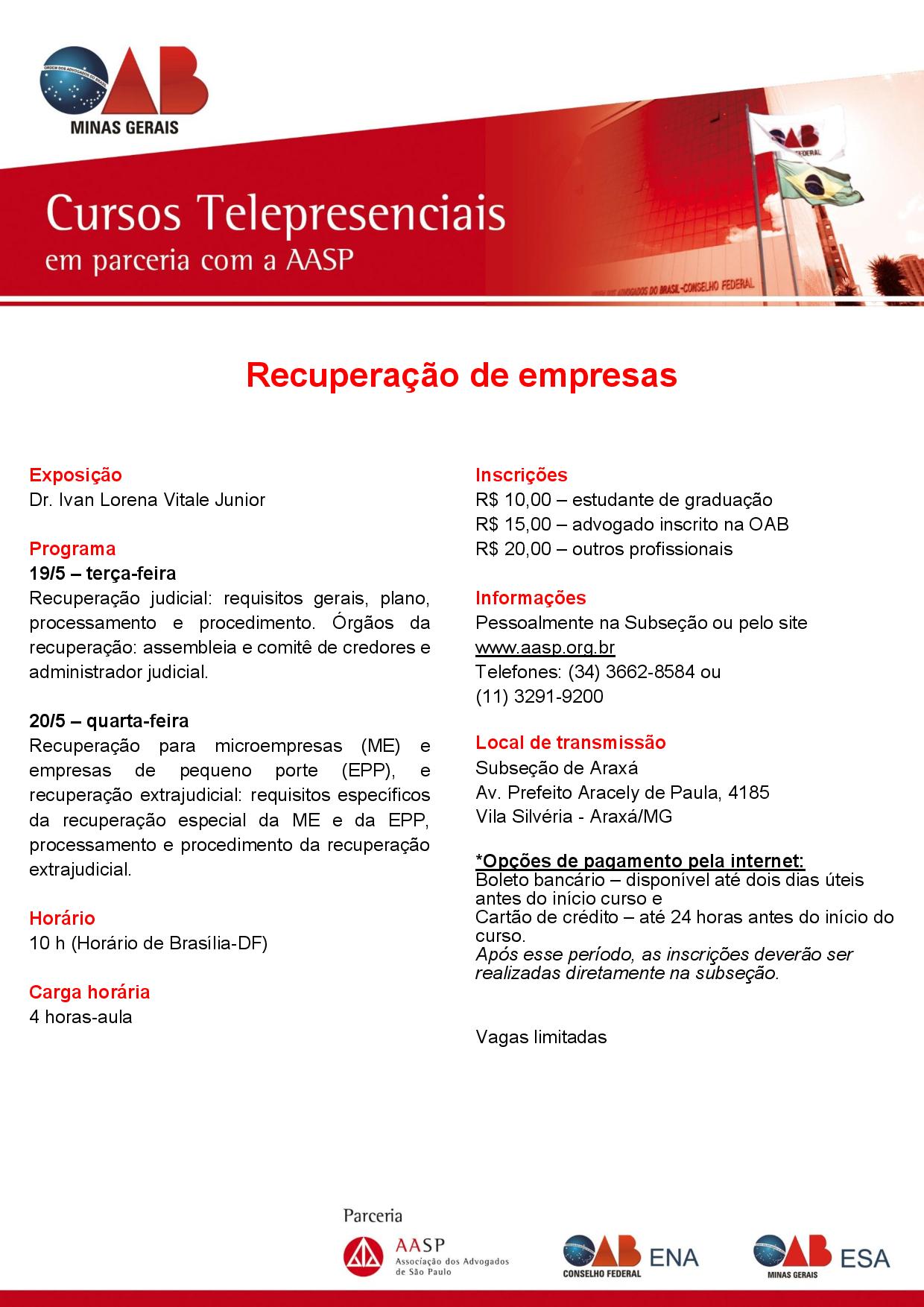 CURSO TELEPRESENCIAL OAB ARAXÁ MG/AASP - 