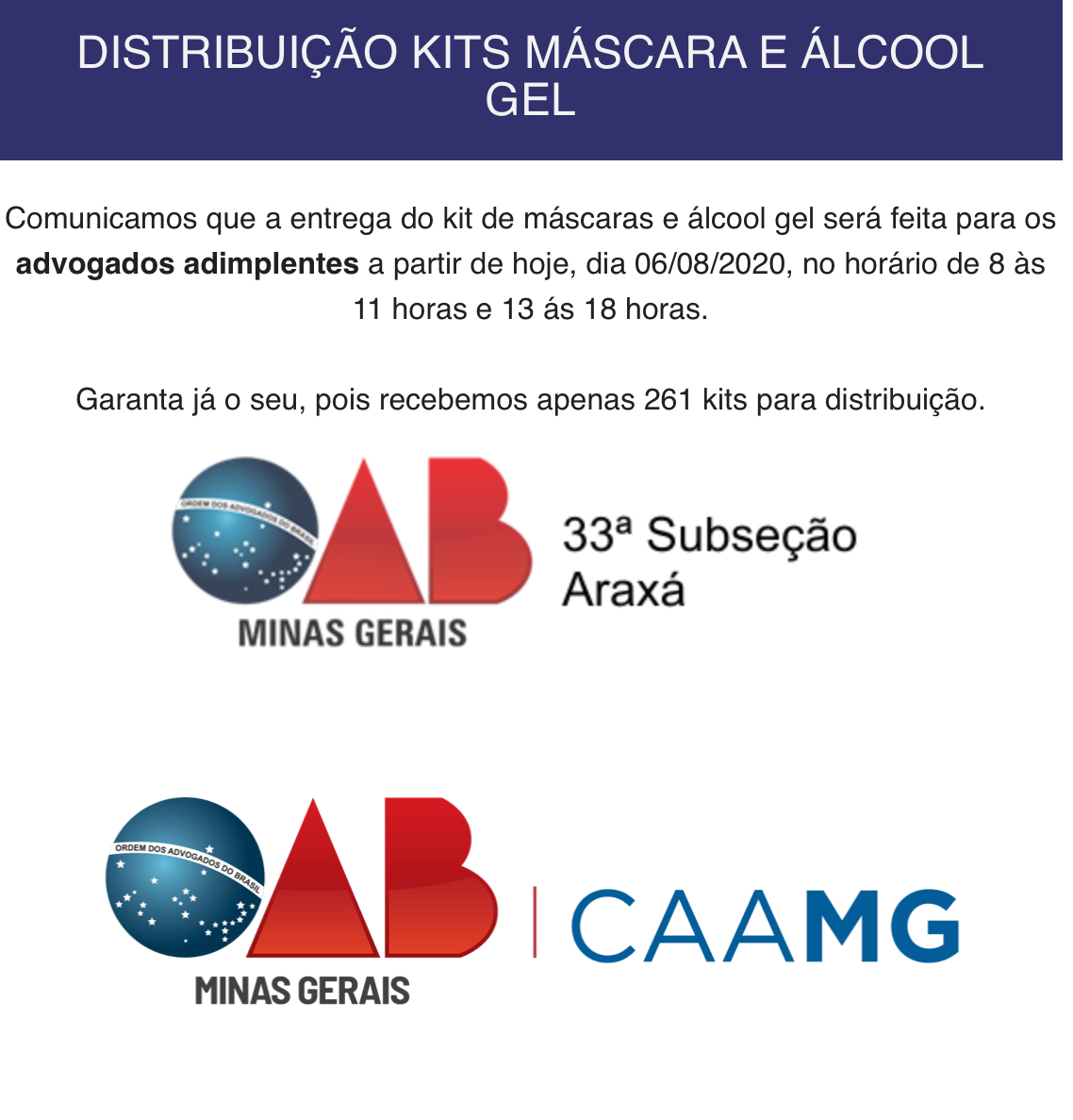DISTRIBUIÇÃO KITS MÁSCARA E ÁLCOOL GEL