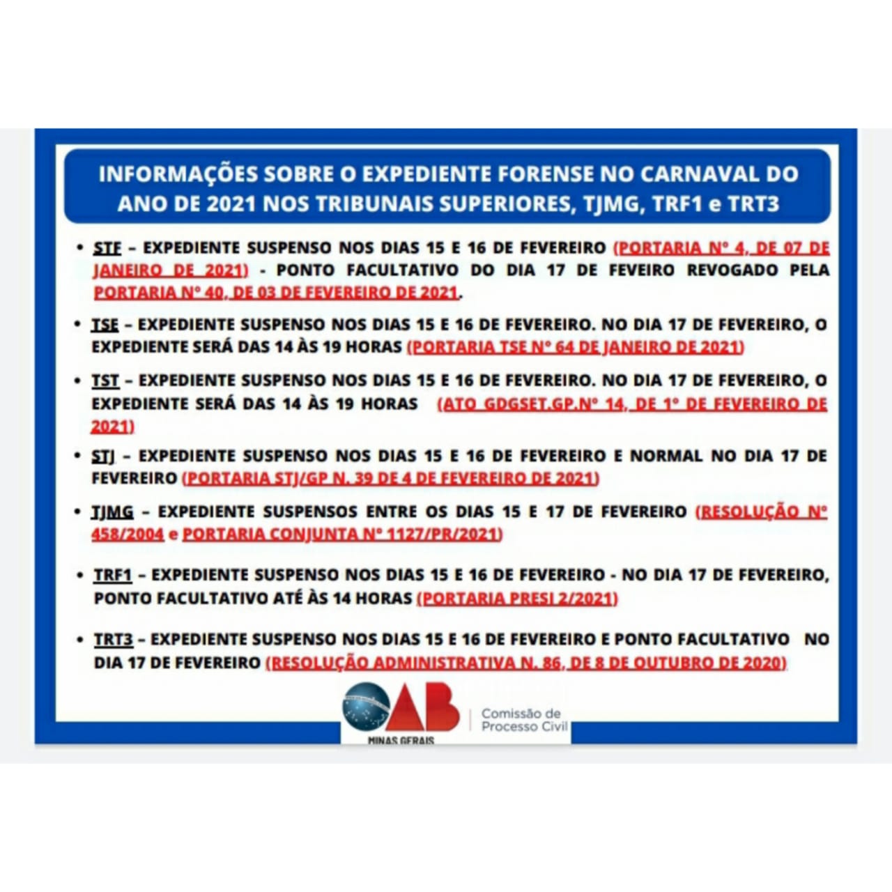 Carnaval - Expediente Forense nos Tribunais. 