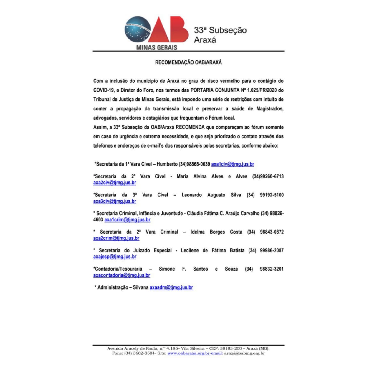 RECOMENDAÇÃO OAB/ARAXÁ 
