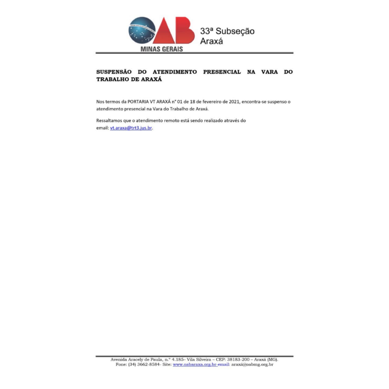 SUSPENSÃO DO ATENDIMENTO PRESENCIAL NA VARA DO TRABALHO DE ARAXÁ