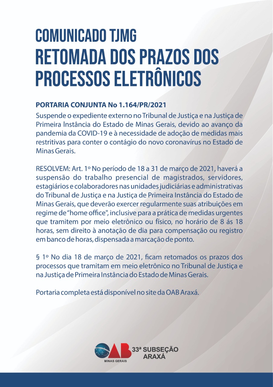 COMUNICADO TJMG- RETOMADA DOS PRAZOS DOS PROCESSOS ELETRÔNICOS