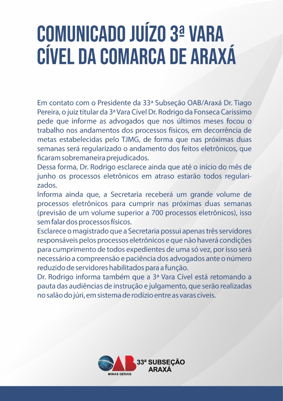 COMUNICADO JUÍZO 3ª VARA CÍVEL DA COMARCA DE ARAXÁ