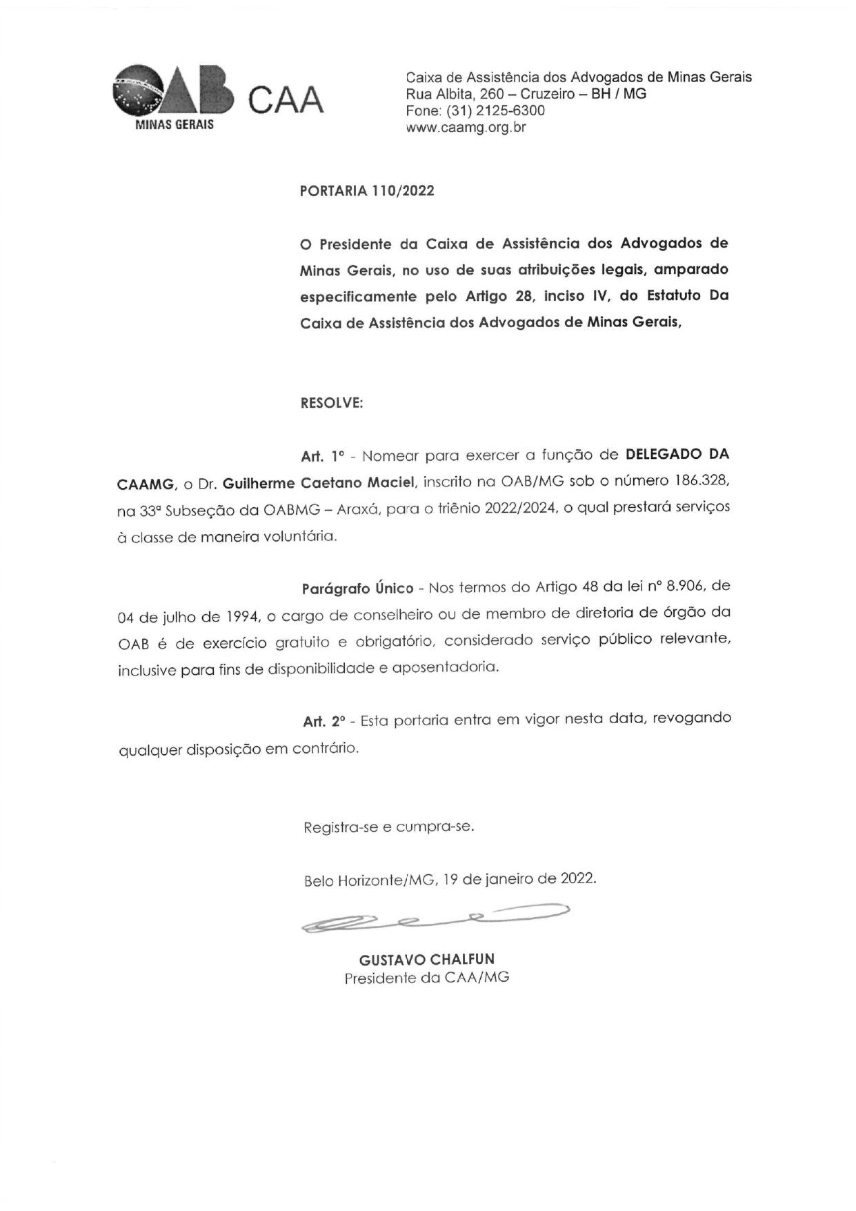 DR. GUILHERME CAETANO MACIEL É NOMEADO DELEGADO DA CAIXA DE ASSISTÊNCIA DOS ADVOGADOS (CAAMG)