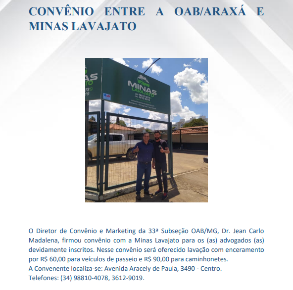 CONVÊNIO ENTRE A OAB/ARAXÁ E MINAS LAVAJATO
