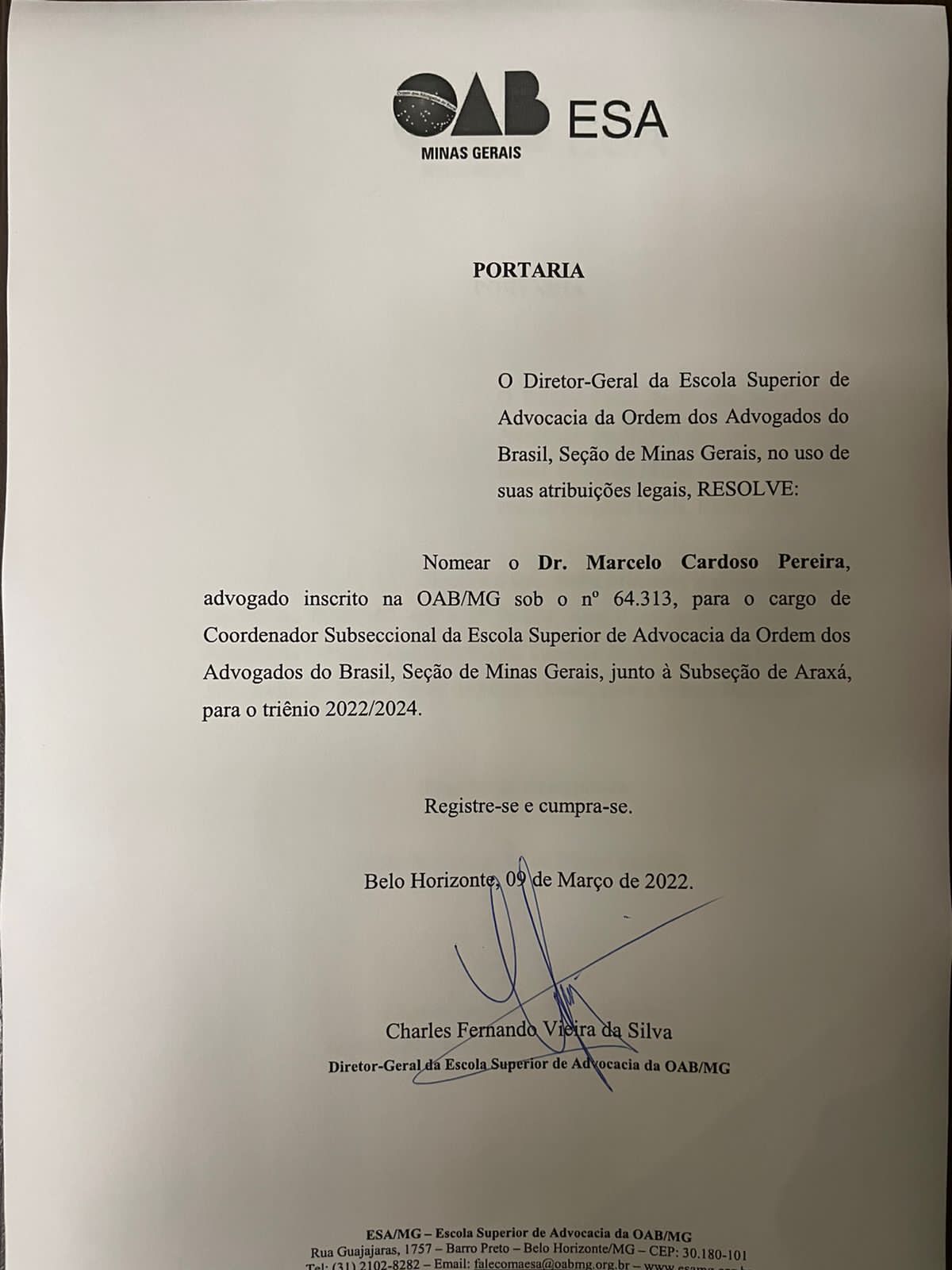 Dr. Marcelo Cardoso Pereira é nomeado Coordenador Subseccional da ESA/MG