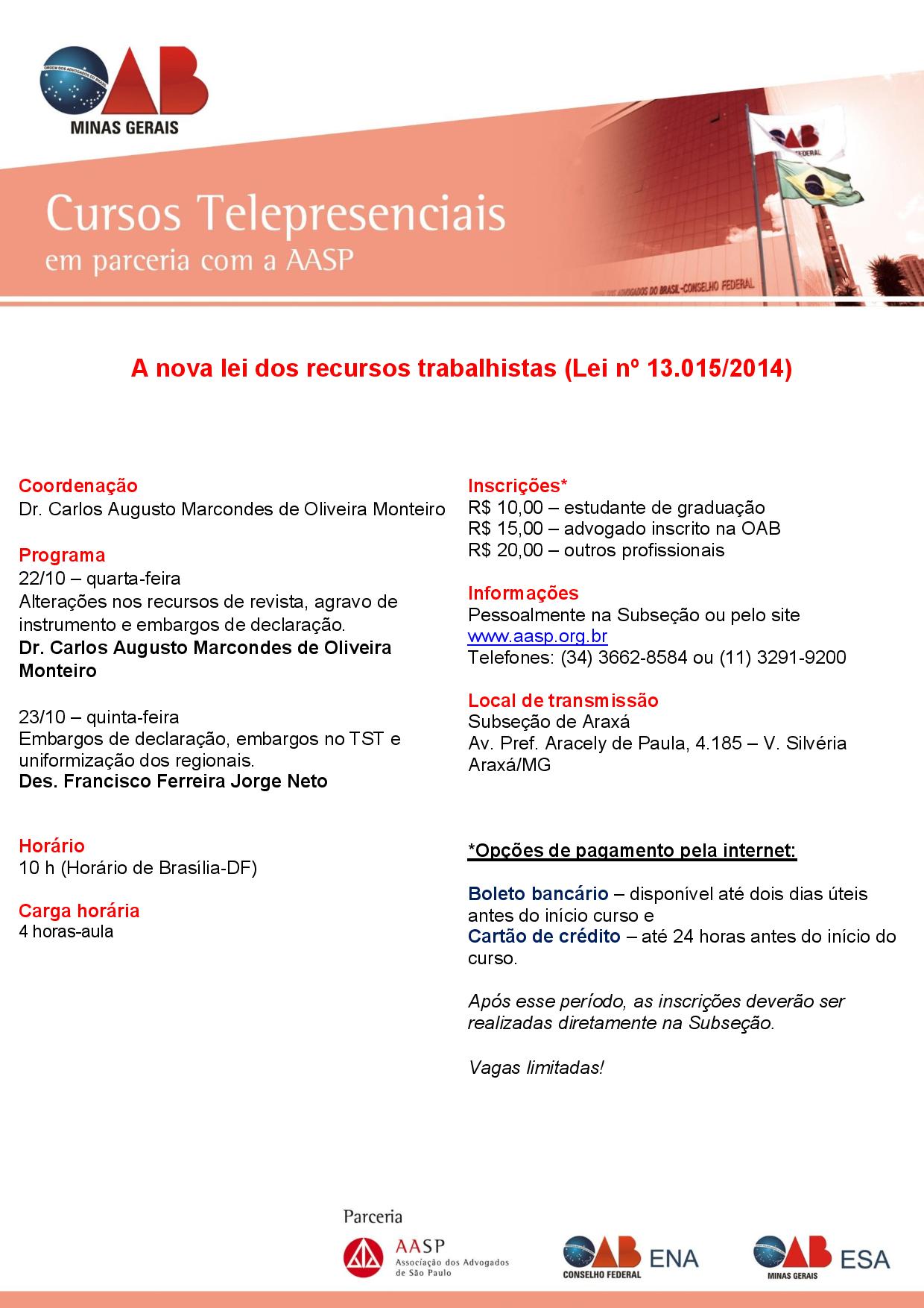 CURSO TELEPRESENCIAL AASP/OAB ARAXÁ MG - 