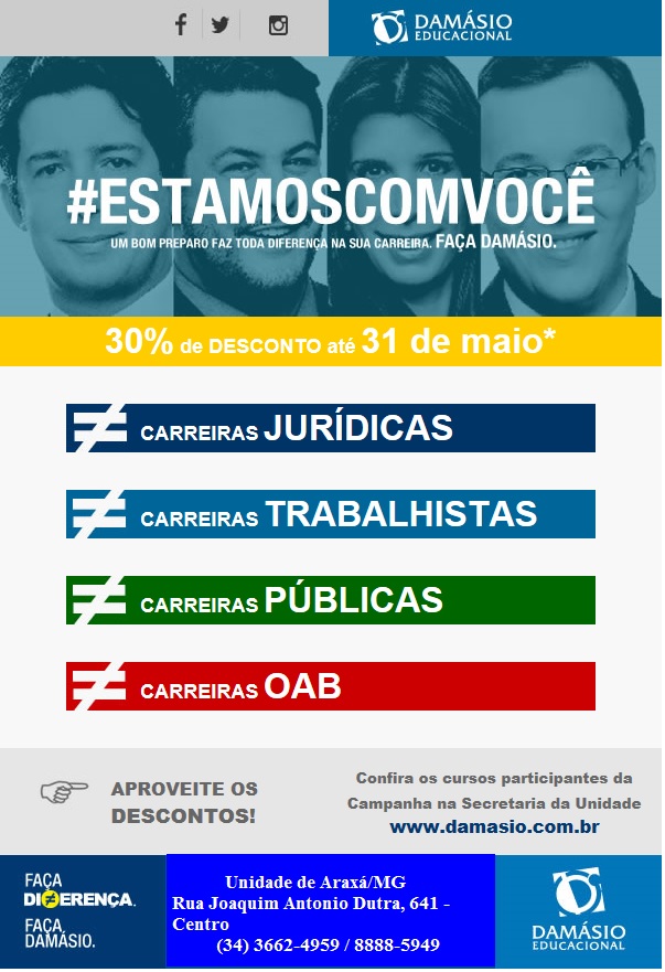 Faça um curso Damásio e ganhe 30% de desconto até 31 de Maio.